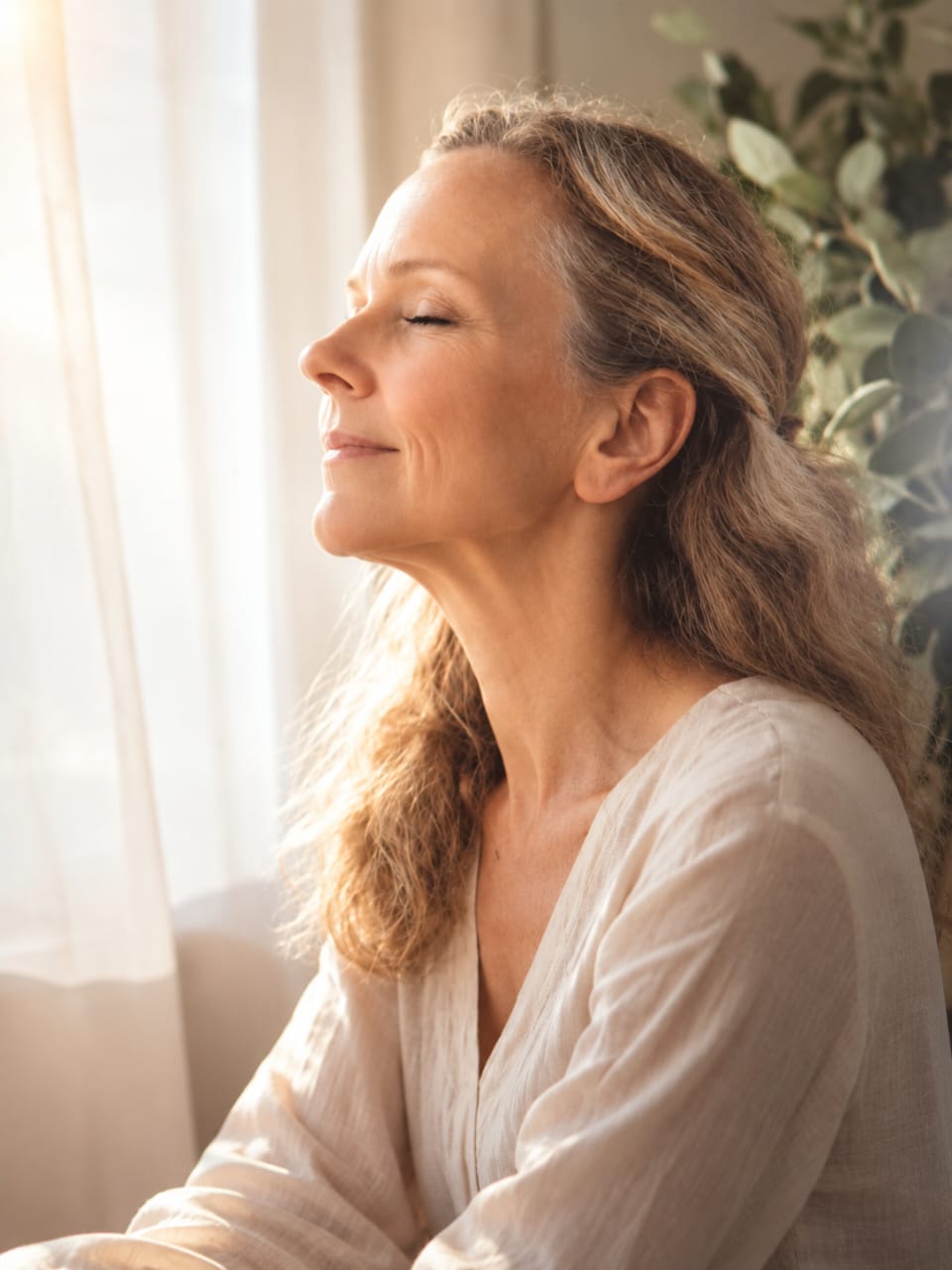 Frau in warmem Morgenlicht am Fenster