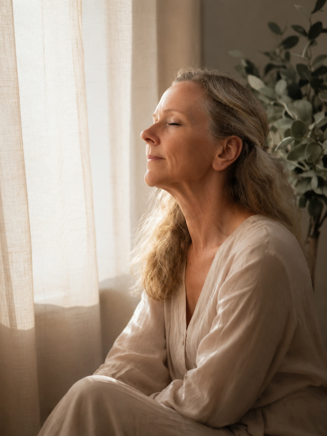 Frau in warmem Morgenlicht am Fenster